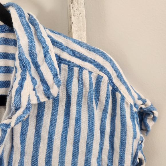 Faherty Womens Medium 100% Linen Blue White Stripe Button Down Top - Picture 2 of 5